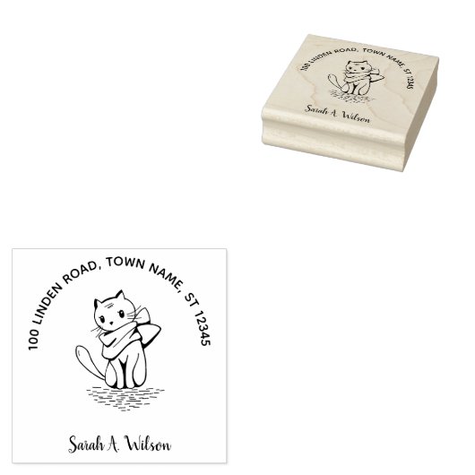 Elegant Cute Cat Bookplate Ex Libris Name Address Rubberstempel (Gestempeld)