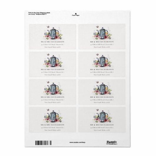Elegant Cute Cheerful Rozen Floral Teapot Adres Etiket (Full Sheet)