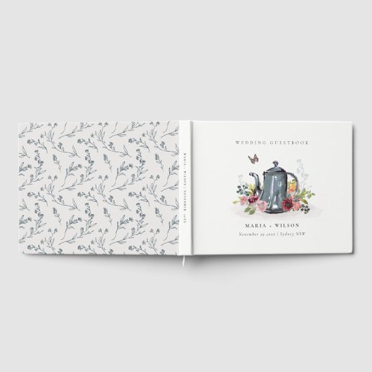 Elegant Cute Cheerful Rozen Floral Teapot Wedding Gastenboek (Volledig)