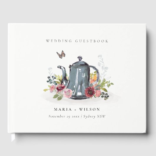 Elegant Cute Cheerful Rozen Floral Teapot Wedding Gastenboek (Voorkant)