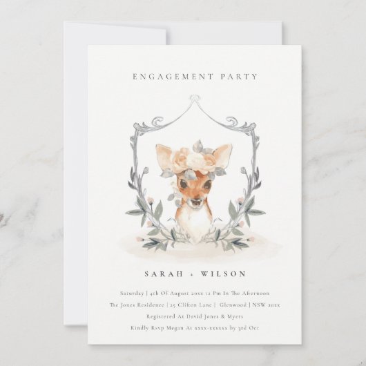 Elegant Cute Deer Floral Crest Verloving nodigt ui Bedankkaart (Voorkant)