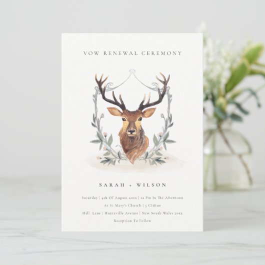 Elegant Cute Deer Floral Crest Vow Renewal Noite Bedankkaart (Staand voorkant)