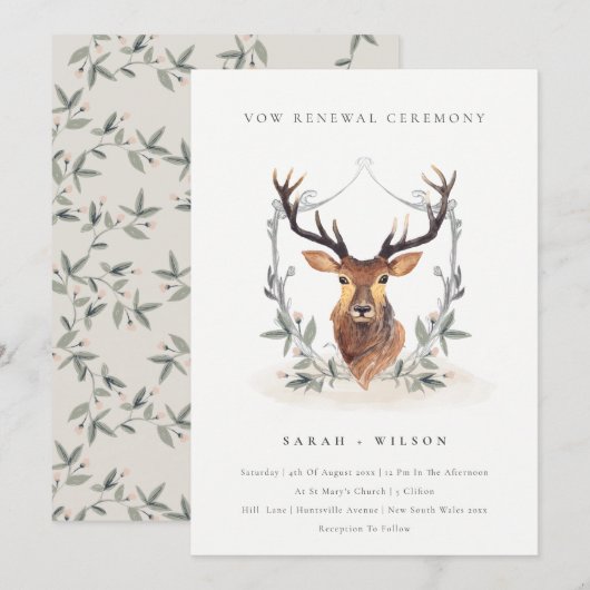 Elegant Cute Deer Floral Crest Vow Renewal Noite Bedankkaart (Voorkant / Achterkant)