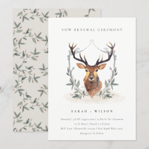 Elegant Cute Deer Floral Crest Vow Renewal Noite Bedankkaart