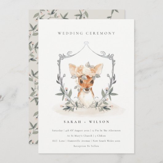 Elegant Cute Deer Floral Crest Wedding Invite Bedankkaart (Voorkant / Achterkant)