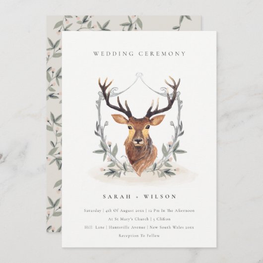 Elegant Cute Deer Floral Crest Wedding Invite Bedankkaart (Voorkant / Achterkant)