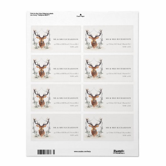 Elegant Cute Dusky Deer Floral Crest Adres Etiket (Full Sheet)