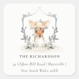 Elegant Cute Dusky Deer Floral Crest Adres Vierkante Sticker