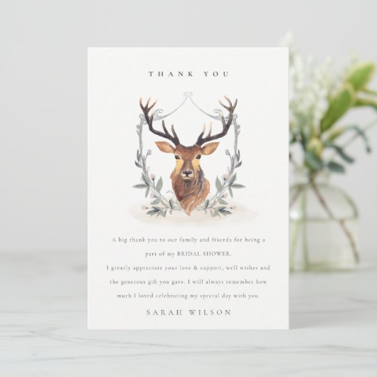 Elegant Cute Dusky Deer Floral Crest Vrijgezellenf Bedankkaart (Staand voorkant)