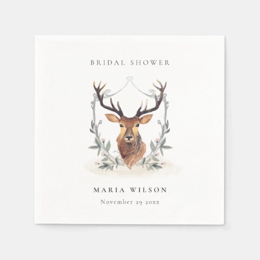 Elegant Cute Dusky Deer Floral Crest Vrijgezellenf Servet (Voorkant)