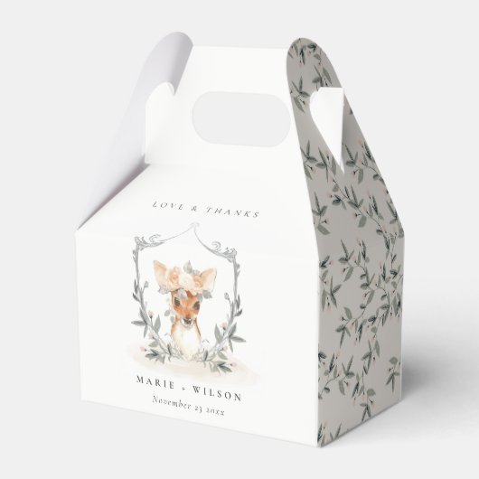 Elegant Cute Dusky Deer Floral Crest Wedding Bedankdoosjes (Achterkant)