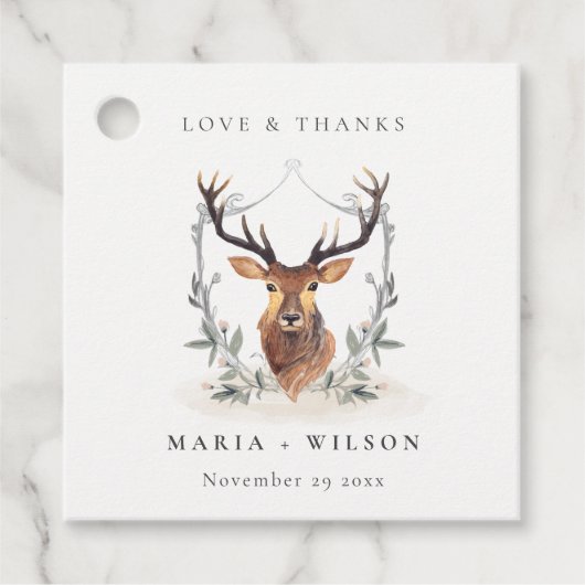 Elegant Cute Dusky Deer Floral Crest Wedding Bedankjes Labels (Voorkant)