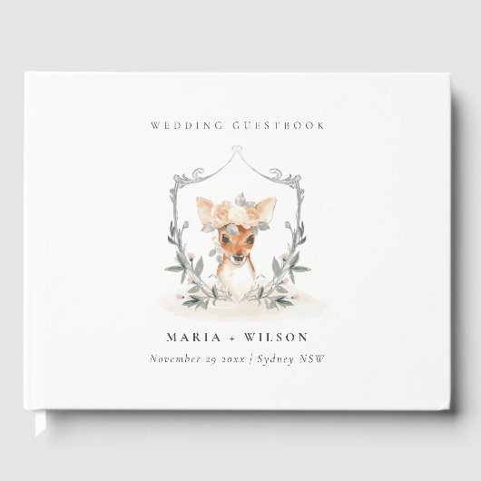 Elegant Cute Dusky Deer Floral Crest Wedding Gastenboek (Voorkant)