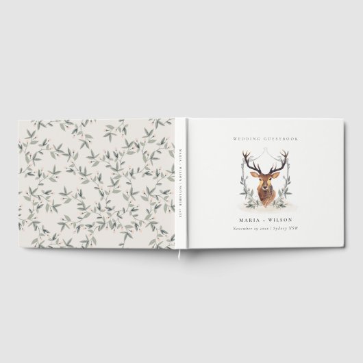 Elegant Cute Dusky Deer Floral Crest Wedding Gastenboek (Volledig)