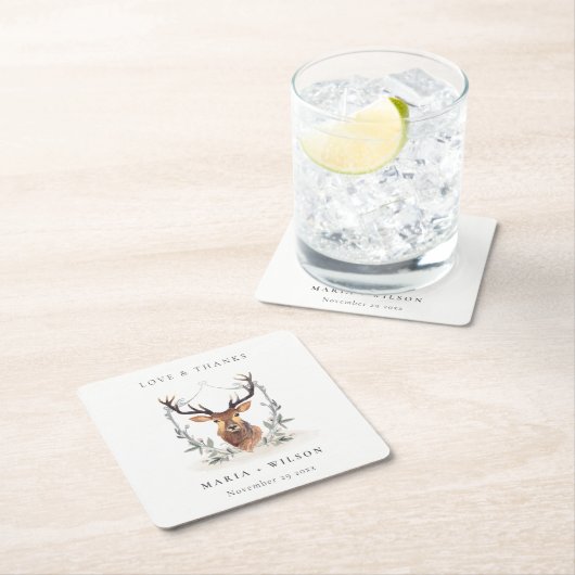 Elegant Cute Dusky Deer Floral Crest Wedding Kartonnen Onderzetters (Insitu)