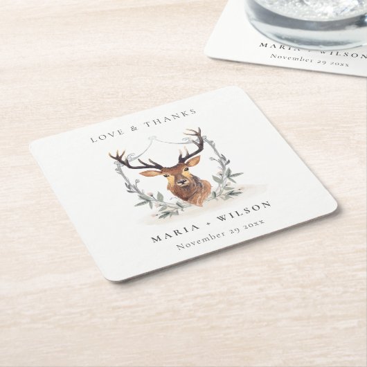 Elegant Cute Dusky Deer Floral Crest Wedding Kartonnen Onderzetters (Schuin)