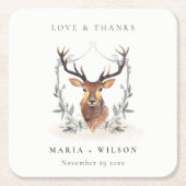 Elegant Cute Dusky Deer Floral Crest Wedding Kartonnen Onderzetters (Voorkant)