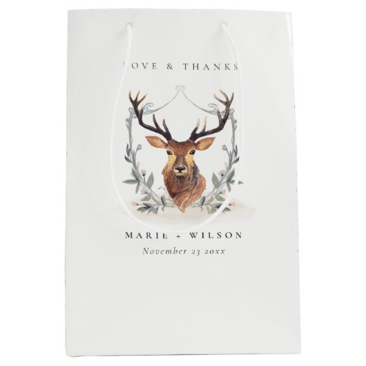 Elegant Cute Dusky Deer Floral Crest Wedding Medium Cadeauzakje (Voorkant)