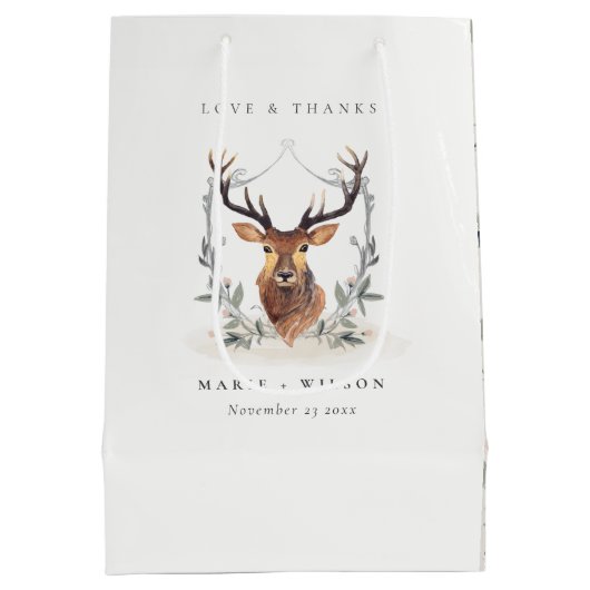 Elegant Cute Dusky Deer Floral Crest Wedding Medium Cadeauzakje (Achterkant)