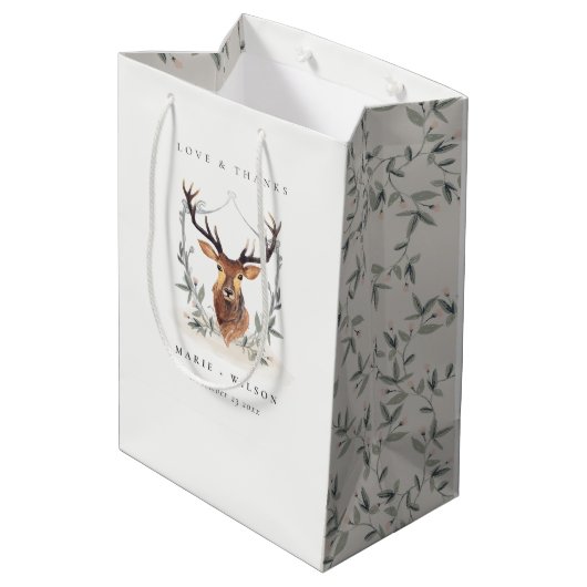 Elegant Cute Dusky Deer Floral Crest Wedding Medium Cadeauzakje (Achterkant Gekanteld)
