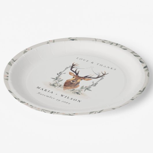 Elegant Cute Dusky Deer Floral Crest Wedding Papieren Bordje (Gekanteld)