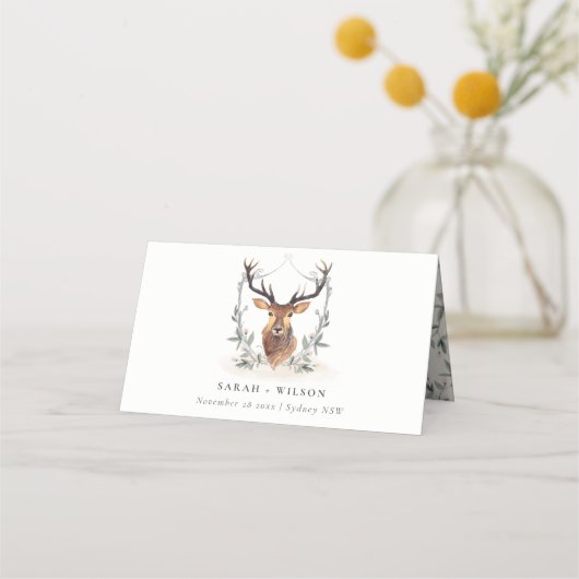 Elegant Cute Dusky Deer Floral Crest Wedding Plaatskaartje (Voorkant)