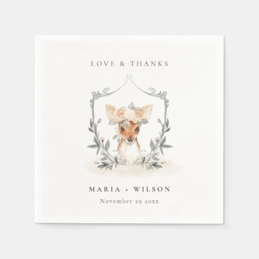 Elegant Cute Dusky Deer Floral Crest Wedding Servet (Voorkant)