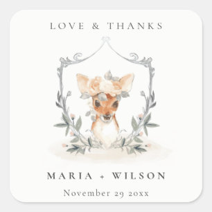 Elegant Cute Dusky Deer Floral Crest Wedding Vierkante Sticker