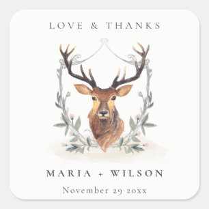 Elegant Cute Dusky Deer Floral Crest Wedding Vierkante Sticker
