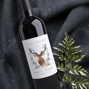 Elegant Cute Dusky Deer Floral Crest Wedding Wijn Etiket