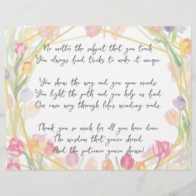 Elegant Cute Floral Appreciation Poem for Teacher Briefhoofd (Voorkant)