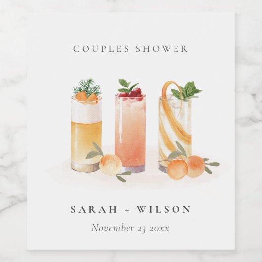Elegant Cute Fruit Cocktail Oranje Couples Shower Wijn Etiket (Enkel label)