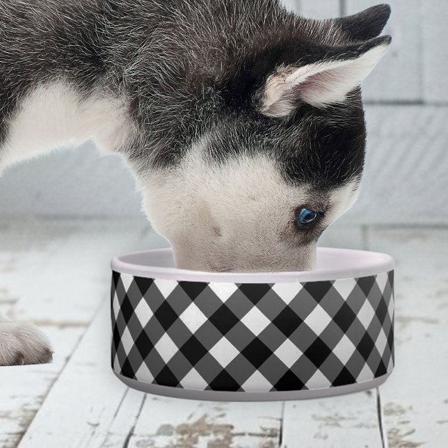 Elegant Cute Gingham Check ceramic pet bowl  Voerbakje (elegant cute black and white gingham bowl for dogs)