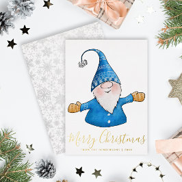Elegant Cute Gnome Blue Gold kerst Folie Feestdagenkaart