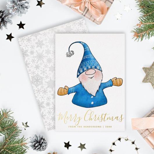 Elegant Cute Gnome Blue Gold kerst Folie Feestdagenkaart