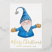 Elegant Cute Gnome Blue Gold kerst Folie Feestdagenkaart (Voorkant)
