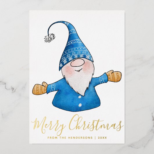 Elegant Cute Gnome Blue Gold kerst Folie Feestdagenkaart (Voorkant)