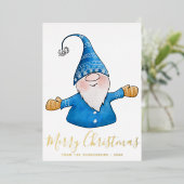 Elegant Cute Gnome Blue Gold kerst Folie Feestdagenkaart (Staand Voorkant)
