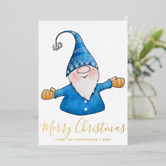 Elegant Cute Gnome Blue Gold kerst Folie Feestdagenkaart (Staand Voorkant)