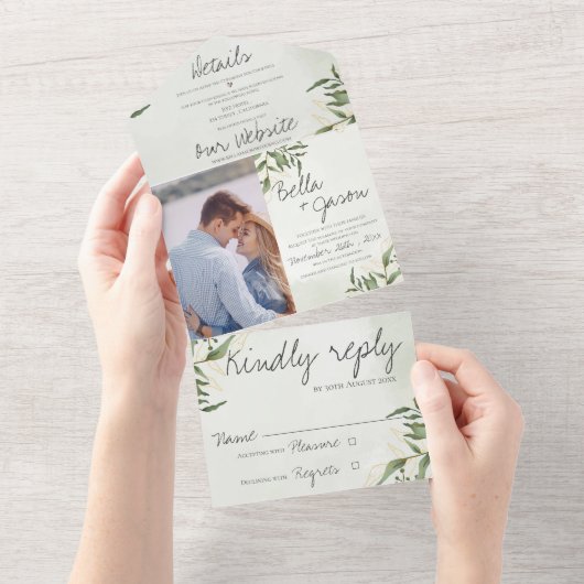 Elegant Cute Green Foliage Monogram Foto Weddensch All In One Uitnodiging (Afscheurbaar)