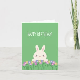 Elegant Cute Kawaii Bunny & Flowers Happy Birthday Kaart