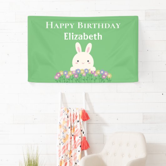 Elegant Cute Kawaii Bunny & Flowers Happy Birthday Spandoek (Insitu)