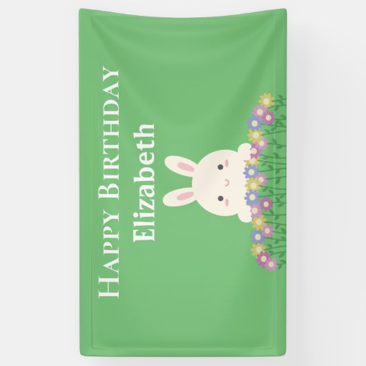 Elegant Cute Kawaii Bunny & Flowers Happy Birthday Spandoek (Verticaal)