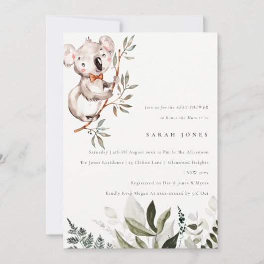 Elegant Cute Koala Foliage Baby shower Invite Bedankkaart (Voorkant)