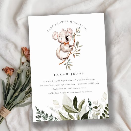 Elegant Cute Koala Foliage Baby shower Invite Bedankkaart