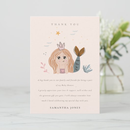 Elegant Cute Little Blush Zee Mermaid Baby shower Bedankkaart (Staand voorkant)