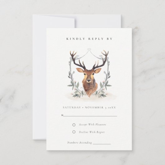 Elegant Cute Pastel Deer Floral Crest Wedding RSVP Kaartje (Voorkant)