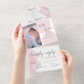 Elegant Cute Pastel Pink Monogram Foto Weddenschap All In One Uitnodiging (Afscheurbaar)