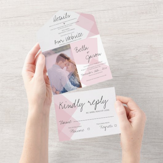 Elegant Cute Pastel Pink Monogram Foto Weddenschap All In One Uitnodiging (Afscheurbaar)