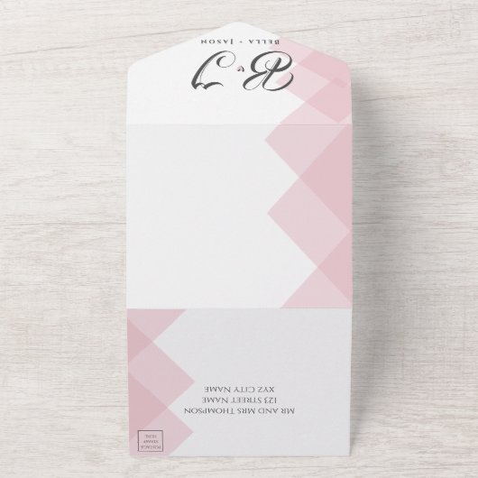 Elegant Cute Pastel Pink Monogram Weddenschap All In One Uitnodiging (Buitenkant)